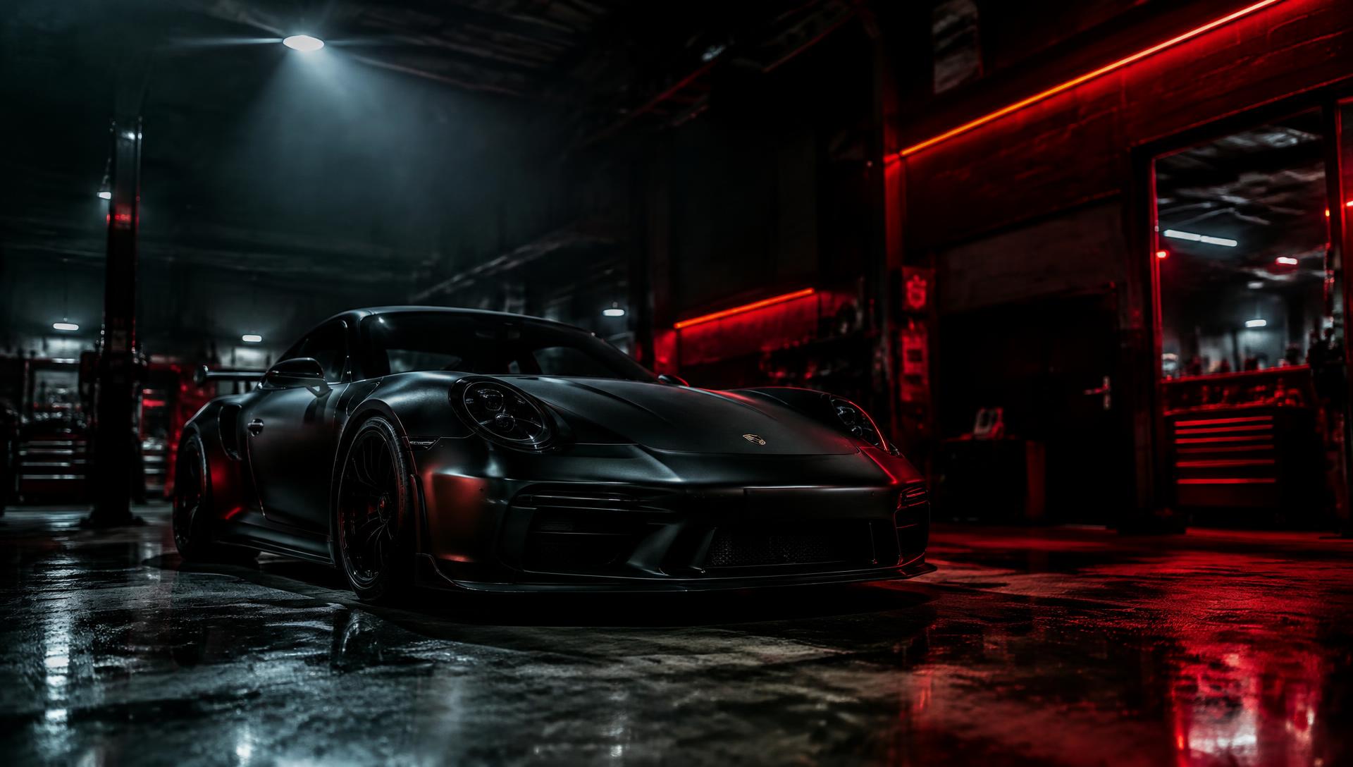 Black sports car in the Precision Automotive shop